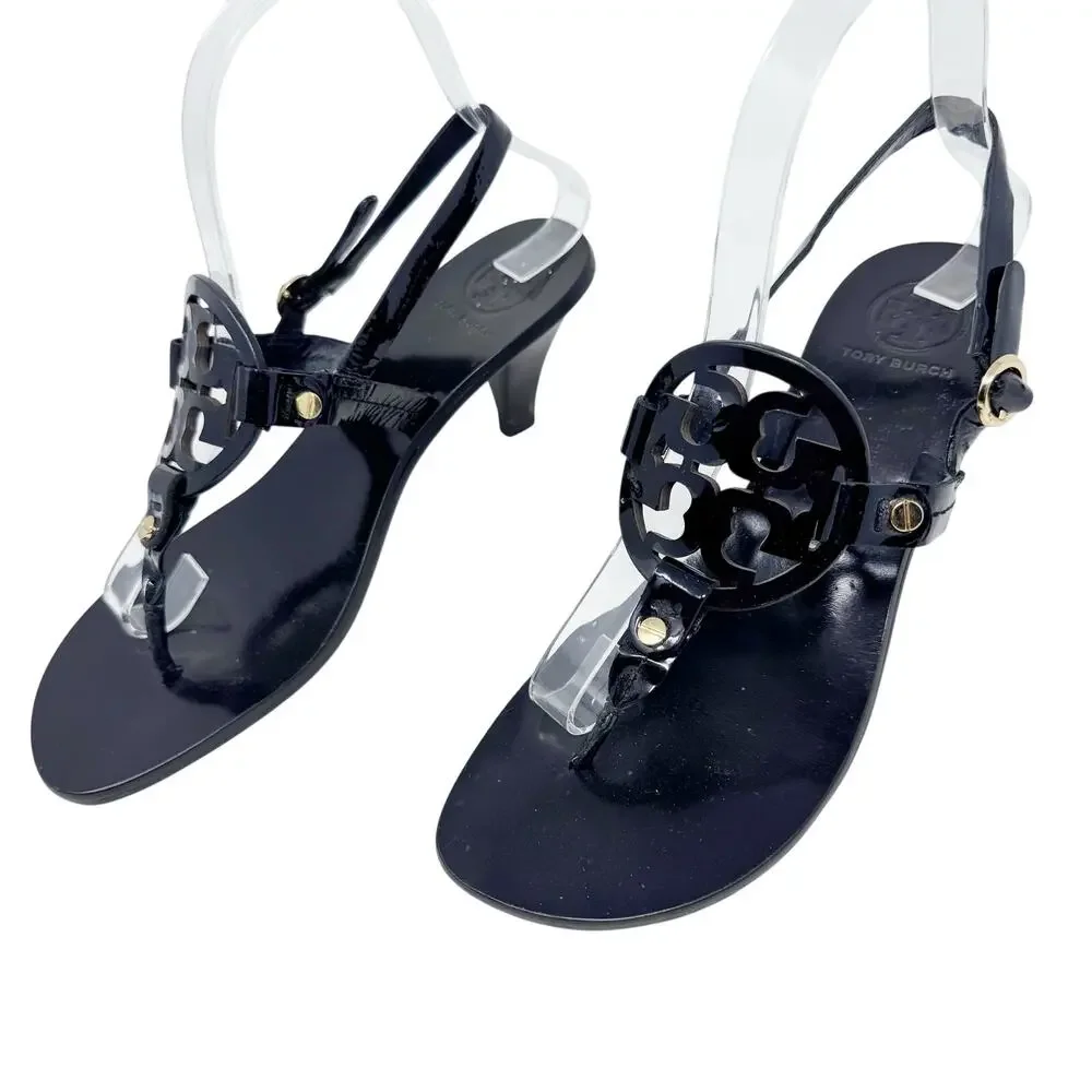 TORY BURCH Black Patent Leather Miller Kitten Heels Sandals Logo Classic Size 8